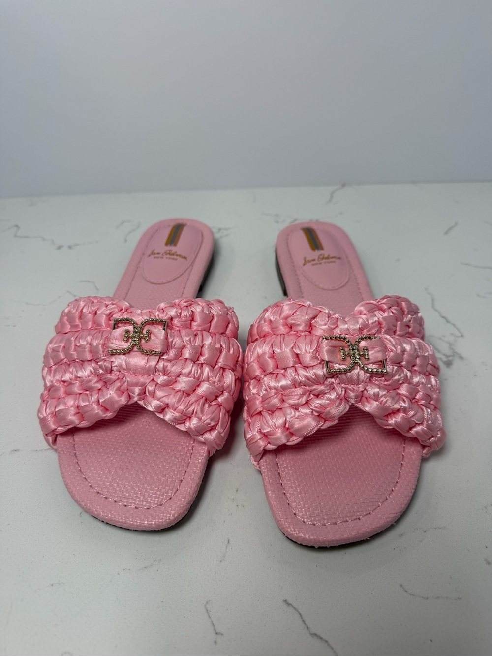 Sam Edelman Pink Braided Satin Slide Sandals with Gold Logo - Picture 2 of 5
